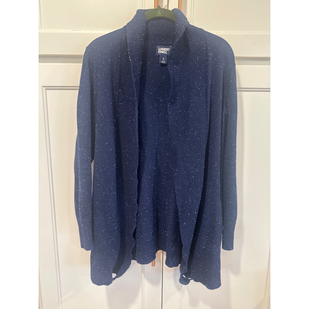 Lands End Navy Blue Speckled Open Front cotton blend Cardigan Sweater S 6-8 boho